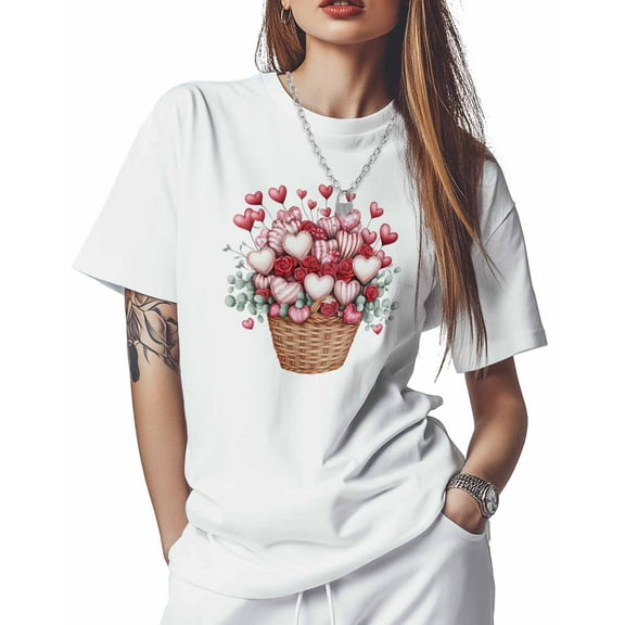T Shirts for Women Short Sleeve Cotton Crewneck T-Shirt, Pink Love Heart Flower Basket Tee Tops Casual Basic T-Shirts, XS-5XL White 5XL