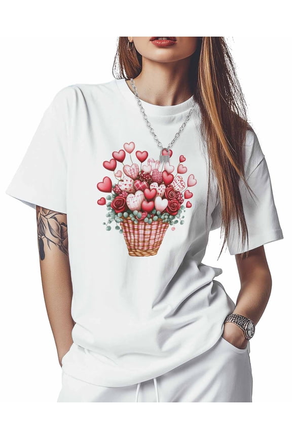 T Shirts for Women Short Sleeve Cotton Crewneck T-Shirt, Pink Love Heart Rose Basket Tee Tops Casual Basic T-Shirts, XS-5XL White 4XL