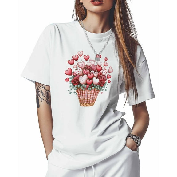 T Shirts for Women Short Sleeve Cotton Crewneck T-Shirt, Pink Love Heart Rose Basket Tee Tops Casual Basic T-Shirts, XS-5XL White XL