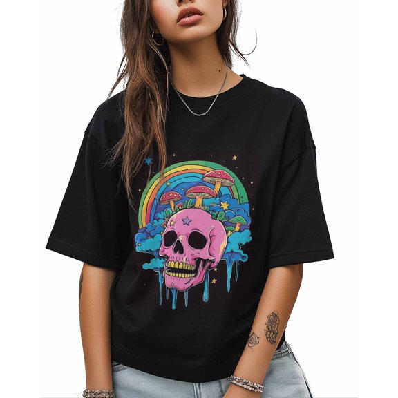 T Shirts for Women Short Sleeve Cotton Crewneck T-Shirt, Pink Skull Mushroom Rainbow Stars Tee Tops Casual Basic T-Shirts, XS-5XL Black XXL