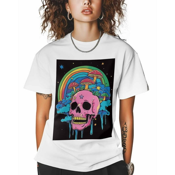 T Shirts for Women Short Sleeve Cotton Crewneck T-Shirt, Pink Skull Mushroom Rainbow Stars Tee Tops Casual Basic T-Shirts, XS-5XL White S