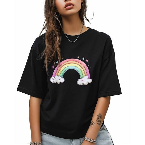T Shirts for Women Short Sleeve Cotton Crewneck T-Shirt, Rainbow Cloud Stars Tee Tops Casual Basic T-Shirts, XS-5XL Black S