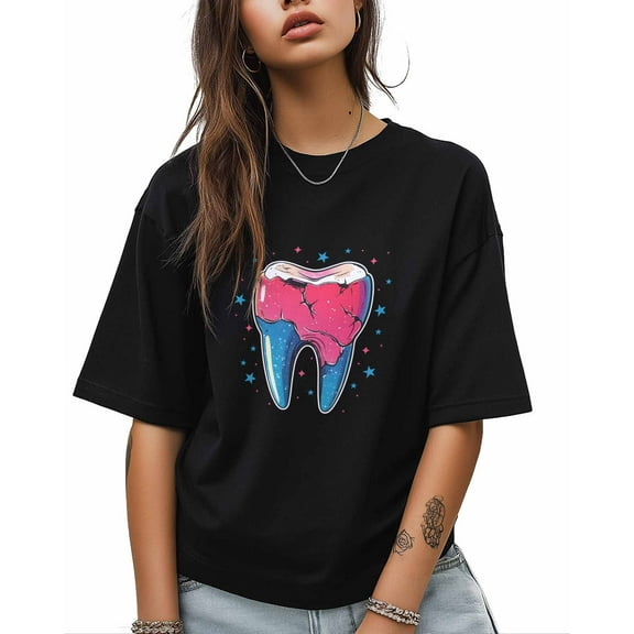 T Shirts for Women Short Sleeve Cotton Crewneck T-Shirt, Rainbow Stars Lack Teeth Tee Tops Casual Basic T-Shirts, XS-5XL Black S