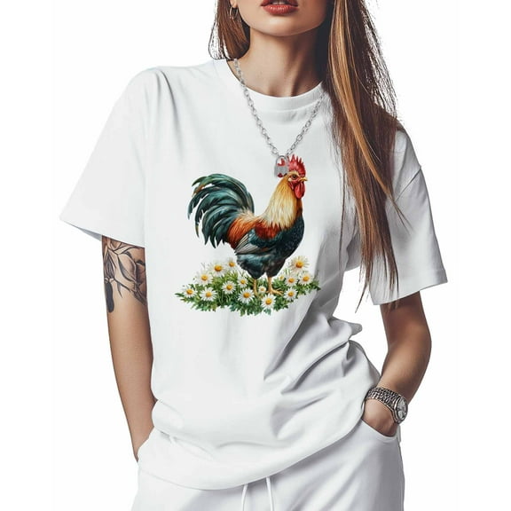 T Shirts for Women Short Sleeve Cotton Crewneck T-Shirt, Realistic Animal Rooster Daisy Tee Tops Casual Basic T-Shirts, XS-5XL White XXL