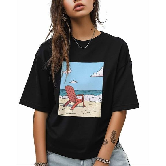 T Shirts for Women Short Sleeve Cotton Crewneck T-Shirt, Red Beach Chair Ocean Blue Sky Tee Tops Casual Basic T-Shirts, XS-5XL Black S