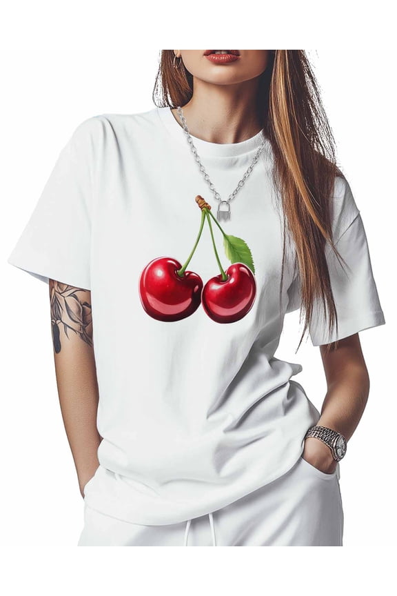T Shirts for Women Short Sleeve Cotton Crewneck T-Shirt, Red Cherries Fruit Tee Tops Casual Basic T-Shirts, XS-5XL White 4XL