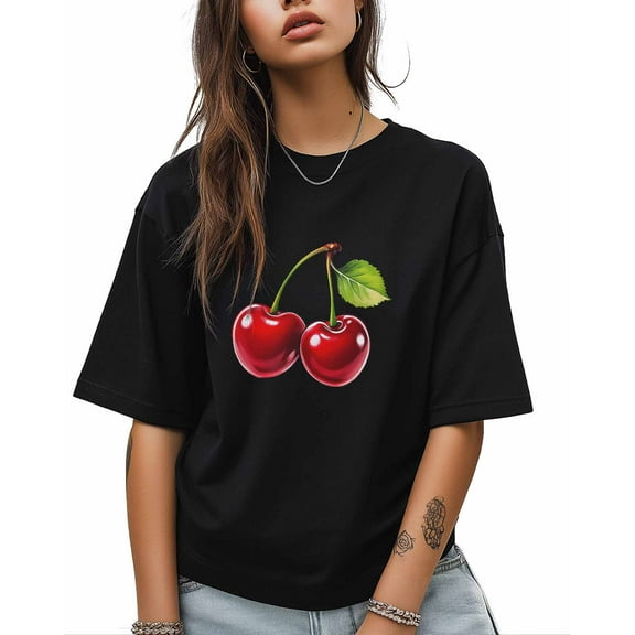 T Shirts for Women Short Sleeve Cotton Crewneck T-Shirt, Red Cherries Tee Tops Casual Basic T-Shirts, XS-5XL Black XS