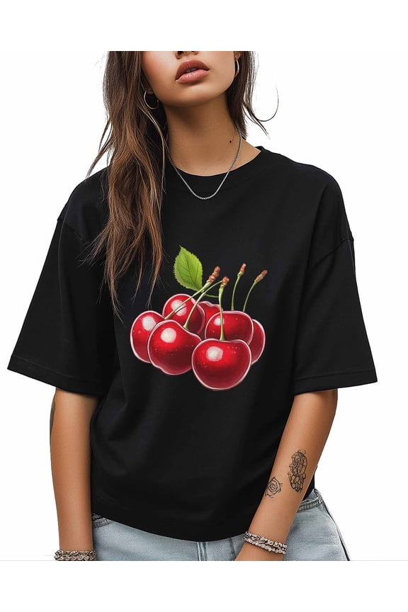 T Shirts for Women Short Sleeve Cotton Crewneck T-Shirt, Red Cherry Fruit Tee Tops Casual Basic T-Shirts, XS-5XL Black XXL