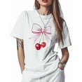 thumbnail image 1 of T Shirts for Women Short Sleeve Cotton Crewneck T-Shirt, Red Cherry with Light Pink Bow Tee Tops Casual Basic T-Shirts, XS-5XL White 5XL, 1 of 7
