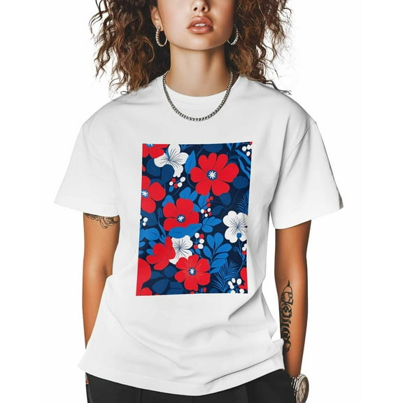 T Shirts for Women Short Sleeve Cotton Crewneck T-Shirt, Red Flower Blue Leaf Plant Vintage Tee Tops Casual Basic T-Shirts, XS-5XL White XS