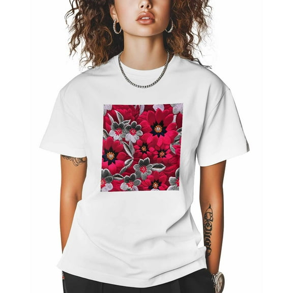 T Shirts for Women Short Sleeve Cotton Crewneck T-Shirt, Red Grey Flowers Embroidery Tee Tops Casual Basic T-Shirts, XS-5XL White L