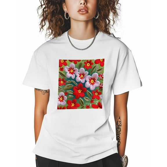 T Shirts for Women Short Sleeve Cotton Crewneck T-Shirt, Red Pink Flowers Green Ombre Tee Tops Casual Basic T-Shirts, XS-5XL White XXL