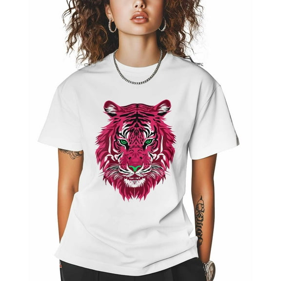 T Shirts for Women Short Sleeve Cotton Crewneck T-Shirt, Red Tiger Animals Tee Tops Casual Basic T-Shirts, XS-5XL White 5XL