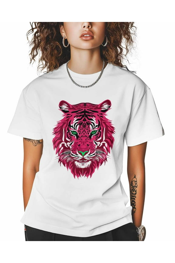 T Shirts for Women Short Sleeve Cotton Crewneck T-Shirt, Red Tiger Animals Tee Tops Casual Basic T-Shirts, XS-5XL White S