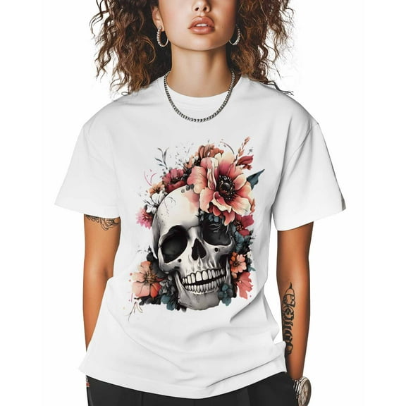 T Shirts for Women Short Sleeve Cotton Crewneck T-Shirt, Retro Abstract Skull Orange Flowers Tee Tops Casual Basic T-Shirts, XS-5XL White XXL