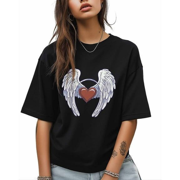 T Shirts for Women Short Sleeve Cotton Crewneck T-Shirt, Retro Angel Wings Heart Tee Tops Casual Basic T-Shirts, XS-5XL Black XS