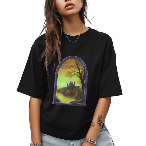 T Shirts for Women Short Sleeve Cotton Crewneck T-Shirt, Retro Castle Autumn Scene Tee Tops Casual Basic T-Shirts, XS-5XL Black 4XL