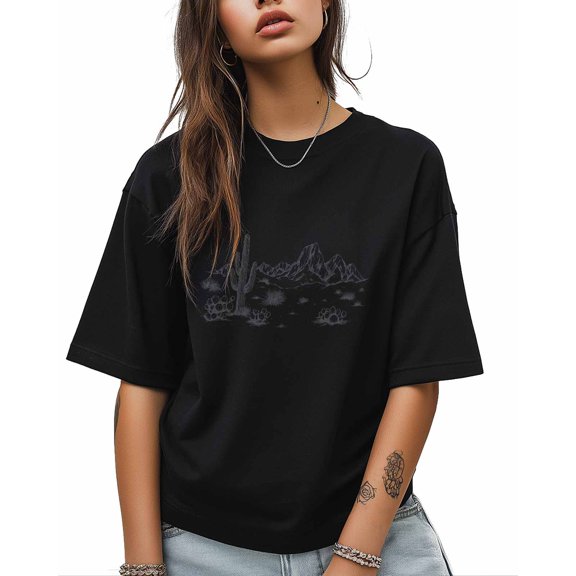 T Shirts for Women Short Sleeve Cotton Crewneck T-Shirt, Retro Desert Cactus Mountain Tee Tops Casual Basic T-Shirts, XS-5XL Black S