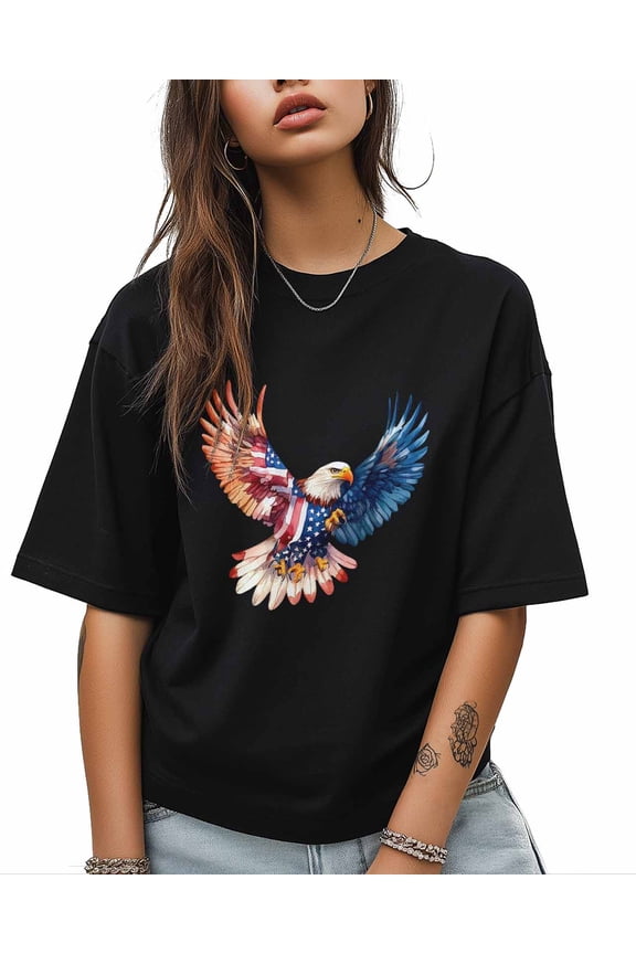 T Shirts for Women Short Sleeve Cotton Crewneck T-Shirt, Retro Flying Eagle USA Flag Tee Tops Casual Basic T-Shirts, XS-5XL Black M