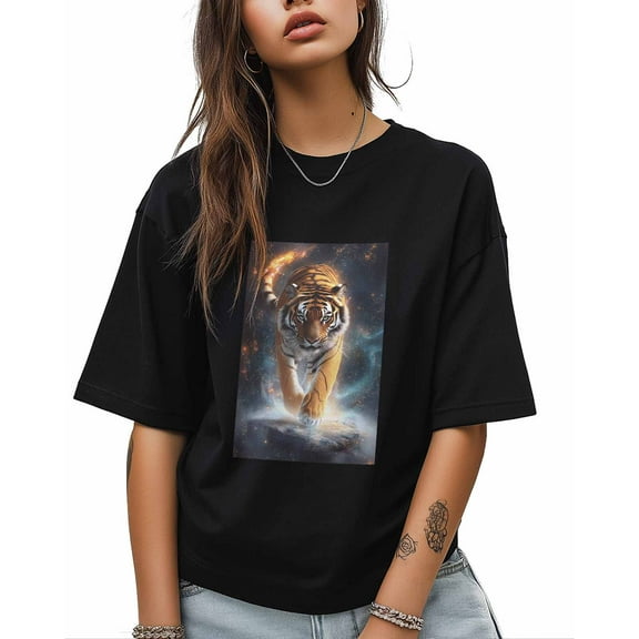 T Shirts for Women Short Sleeve Cotton Crewneck T-Shirt, Retro Tiger Universe Galaxy Tee Tops Casual Basic T-Shirts, XS-5XL Black XXL