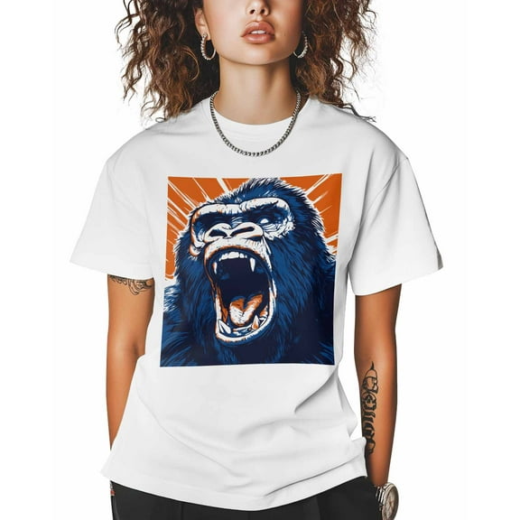 T Shirts for Women Short Sleeve Cotton Crewneck T-Shirt, Roaring Gorilla Animal Retro Cartoon Tee Tops Casual Basic T-Shirts, XS-5XL White M