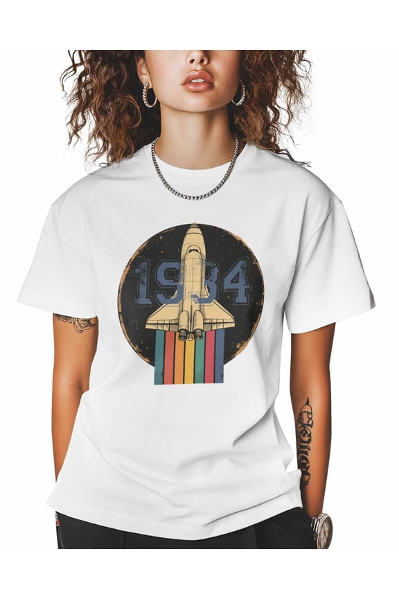 T Shirts for Women Short Sleeve Cotton Crewneck T-Shirt, Rocket 1934 Planet Space Retro Tee Tops Casual Basic T-Shirts, XS-5XL White XS