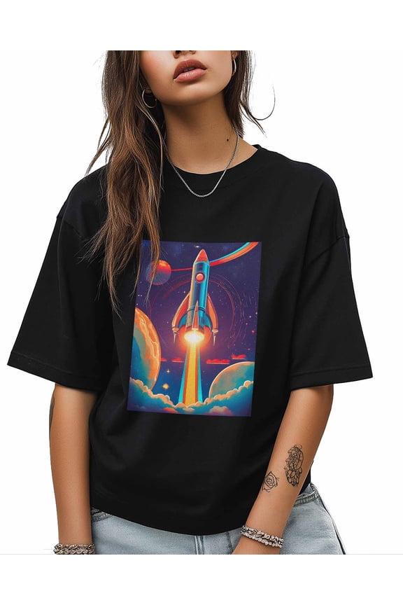 T Shirts for Women Short Sleeve Cotton Crewneck T-Shirt, Rocket Universe Planet Sky Tee Tops Casual Basic T-Shirts, XS-5XL Black 4XL