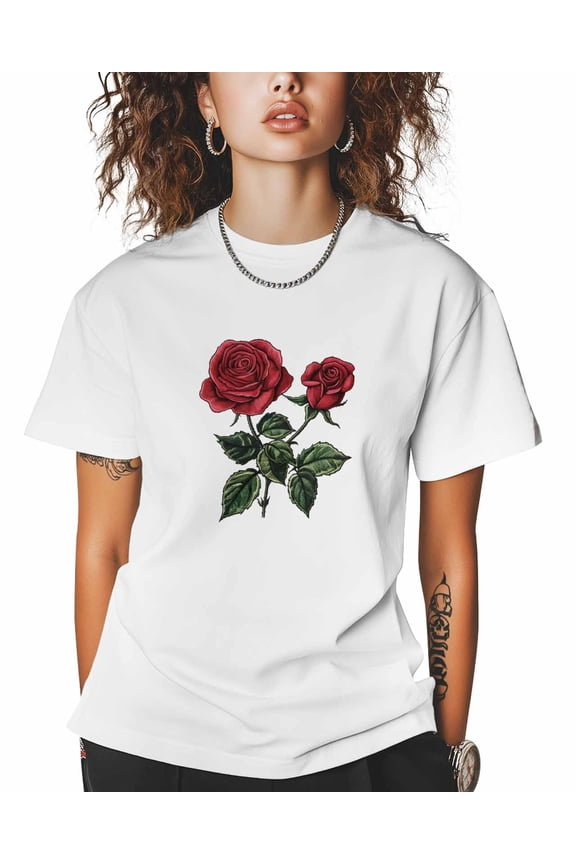 T Shirts for Women Short Sleeve Cotton Crewneck T-Shirt, Rose Flower Green Leaf Red Plant Tee Tops Casual Basic T-Shirts, XS-5XL White 5XL
