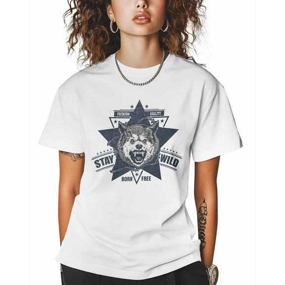 T Shirts for Women Short Sleeve Cotton Crewneck T-Shirt, STAY WILD Wolf Head Blue Stars Tee Tops Casual Basic T-Shirts, XS-5XL White M