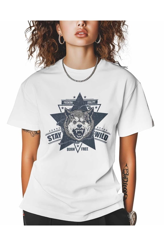 T Shirts for Women Short Sleeve Cotton Crewneck T-Shirt, STAY WILD Wolf Head Blue Stars Tee Tops Casual Basic T-Shirts, XS-5XL White XS