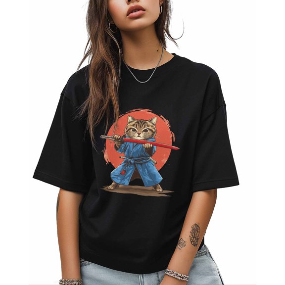 T Shirts for Women Short Sleeve Cotton Crewneck T-Shirt, Samurai Cat Cartoon Animal Tee Tops Casual Basic T-Shirts, XS-5XL Black XXL