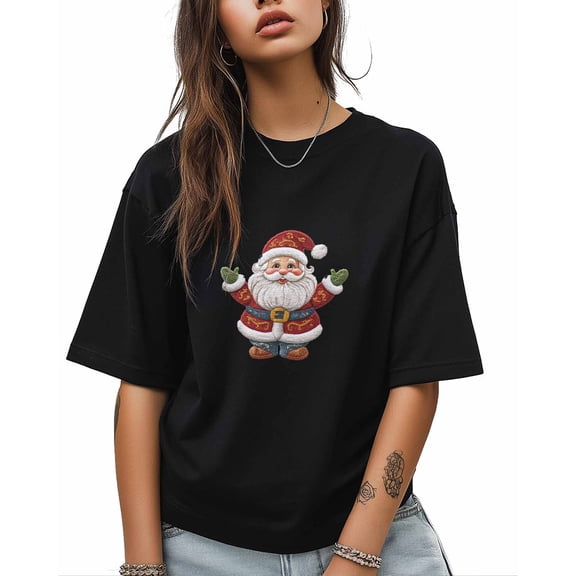 T Shirts for Women Short Sleeve Cotton Crewneck T-Shirt, Santa Claus Christmas Xmas Tee Tops Casual Basic T-Shirts, XS-5XL Black M