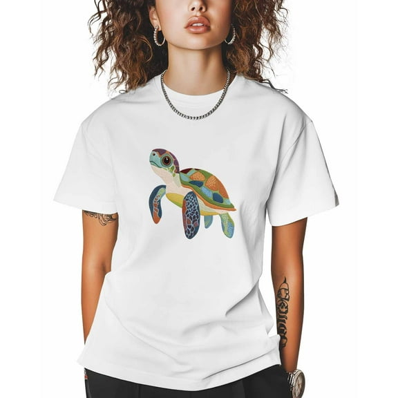 T Shirts for Women Short Sleeve Cotton Crewneck T-Shirt, Sea Turtles Color Block Marine Life Tee Tops Casual Basic T-Shirts, XS-5XL White 4XL