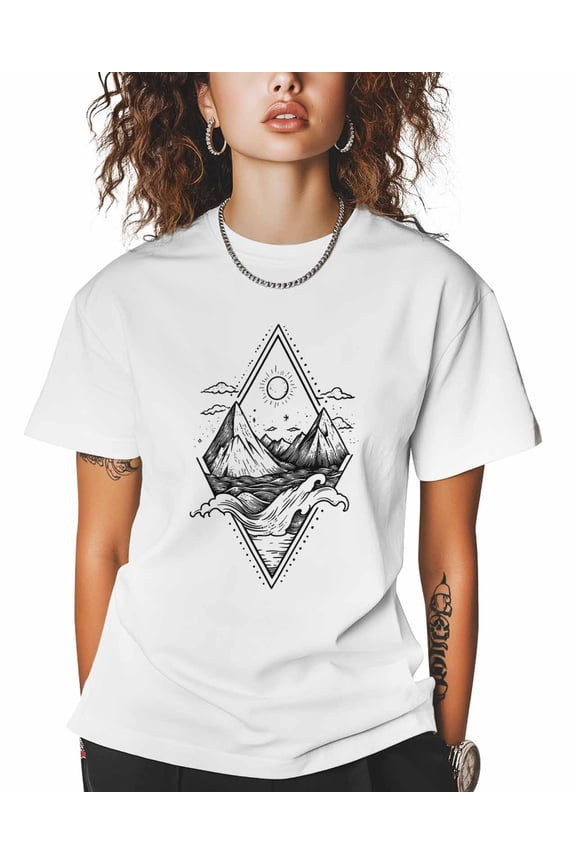 T Shirts for Women Short Sleeve Cotton Crewneck T-Shirt, Sea mountains Line Art Landscape Tee Tops Casual Basic T-Shirts, XS-5XL White 5XL