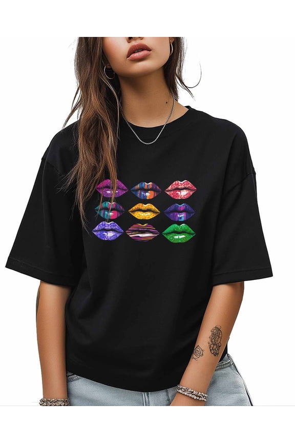 T Shirts for Women Short Sleeve Cotton Crewneck T-Shirt, Sexy Colored Lips Tee Tops Casual Basic T-Shirts, XS-5XL Black XXL