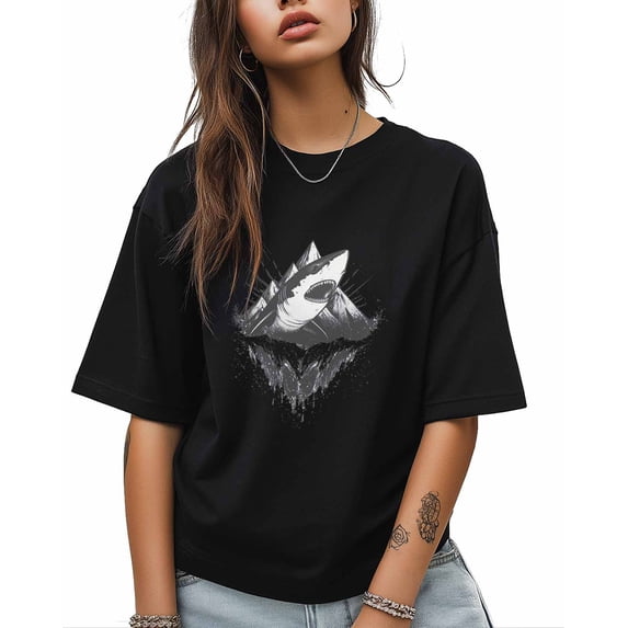 T Shirts for Women Short Sleeve Cotton Crewneck T-Shirt, Shark with Iceberg Ocean Tee Tops Casual Basic T-Shirts, XS-5XL Black S