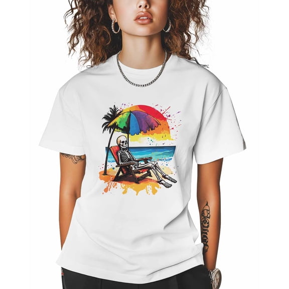 T Shirts for Women Short Sleeve Cotton Crewneck T-Shirt, Skeleton Beach Vacation Trendy Tee Tops Casual Basic T-Shirts, XS-5XL White XXL