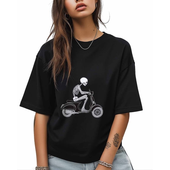 T Shirts for Women Short Sleeve Cotton Crewneck T-Shirt, Skeleton Cycling Electric Vehicles Tee Tops Casual Basic T-Shirts, XS-5XL Black L