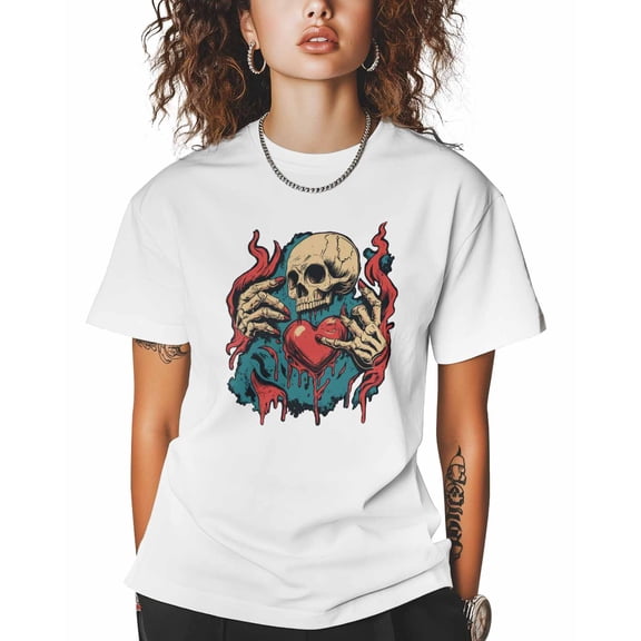 T Shirts for Women Short Sleeve Cotton Crewneck T-Shirt, Skeleton Hand Heart Graffiti Streetwear Y2K Tee Tops Casual Basic T-Shirts, XS-5XL White 5XL