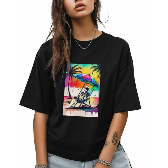 T Shirts for Women Short Sleeve Cotton Crewneck T-Shirt, Skeleton Vacation Rainbow Funny Tee Tops Casual Basic T-Shirts, XS-5XL Black XL