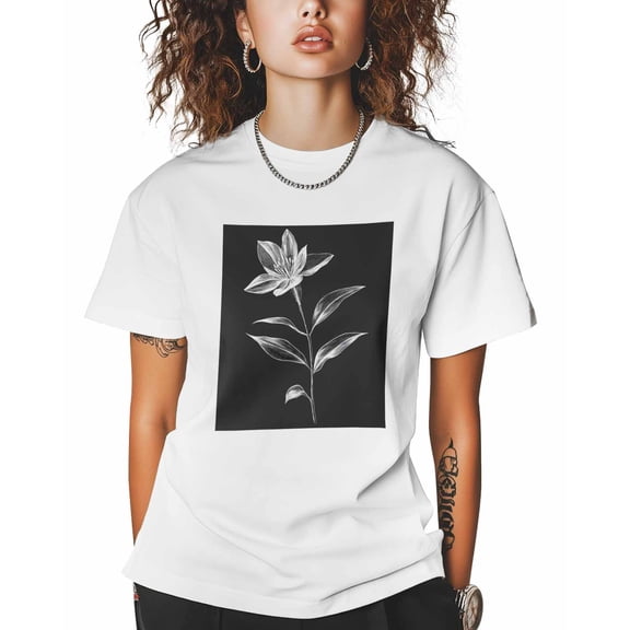 T Shirts for Women Short Sleeve Cotton Crewneck T-Shirt, Sketch Style Flower Leaves Tee Tops Casual Basic T-Shirts, XS-5XL White 5XL