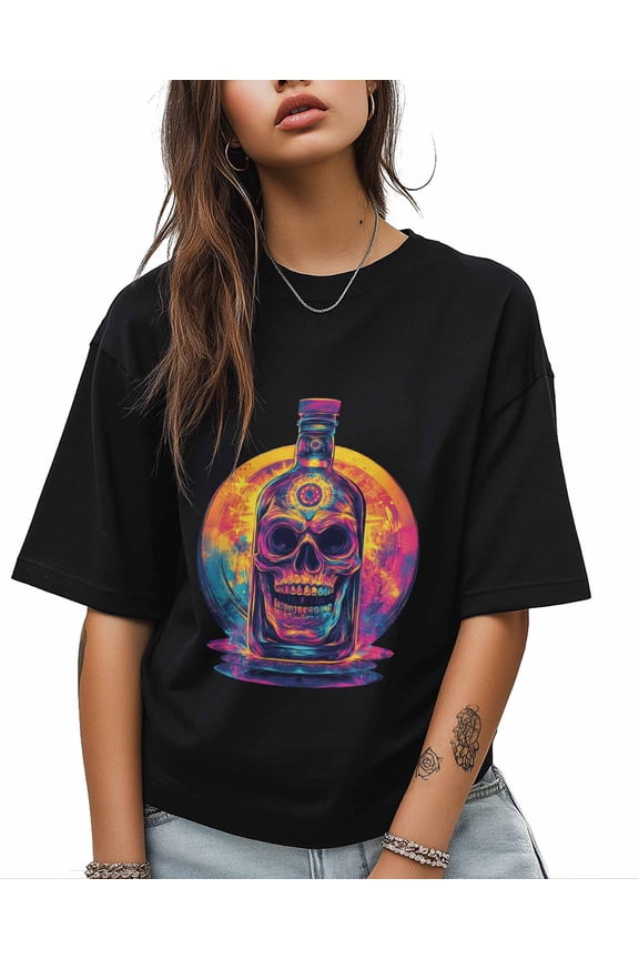 T Shirts for Women Short Sleeve Cotton Crewneck T-Shirt, Skull Bottle Colorful Tee Tops Casual Basic T-Shirts, XS-5XL Black 4XL