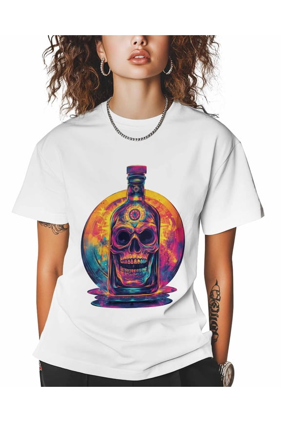 T Shirts for Women Short Sleeve Cotton Crewneck T-Shirt, Skull Bottle Colorful Tee Tops Casual Basic T-Shirts, XS-5XL White XL