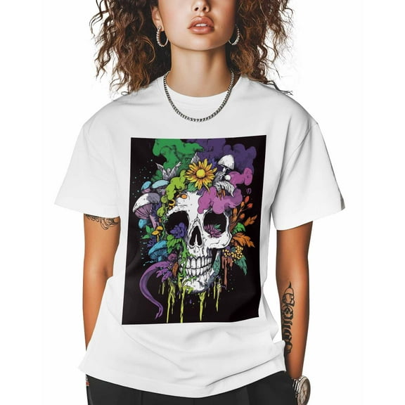 T Shirts for Women Short Sleeve Cotton Crewneck T-Shirt, Skull Daisy Flower Mushroom Plant Tee Tops Casual Basic T-Shirts, XS-5XL White 4XL