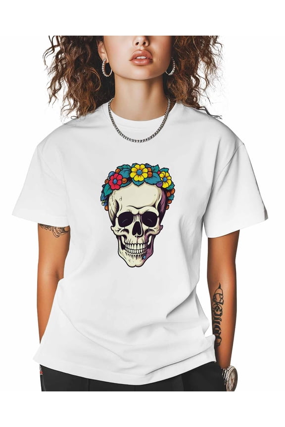 T Shirts for Women Short Sleeve Cotton Crewneck T-Shirt, Skull Flowers Cartoon Horror Tee Tops Casual Basic T-Shirts, XS-5XL White S