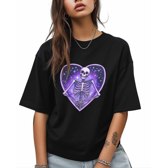 T Shirts for Women Short Sleeve Cotton Crewneck T-Shirt, Skull Purple Heart Trendy Tee Tops Casual Basic T-Shirts, XS-5XL Black 3XL