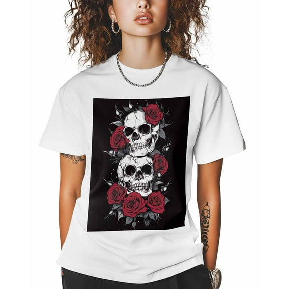 T Shirts for Women Short Sleeve Cotton Crewneck T-Shirt, Skull Red Rose Flower Tee Tops Casual Basic T-Shirts, XS-5XL White 4XL