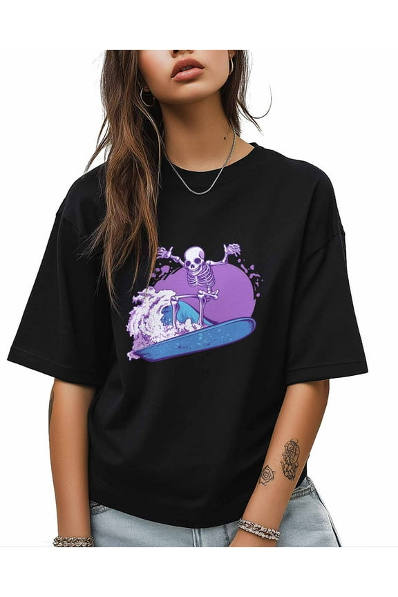T Shirts for Women Short Sleeve Cotton Crewneck T-Shirt, Skull Skeleton Surfing Purple Colorful Tee Tops Casual Basic T-Shirts, XS-5XL Black 3XL