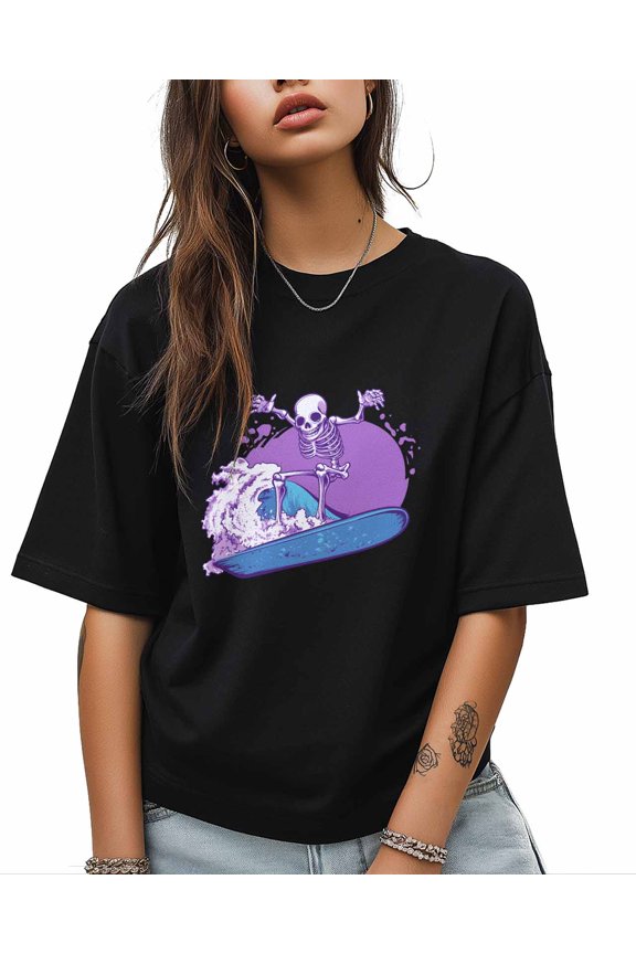 T Shirts for Women Short Sleeve Cotton Crewneck T-Shirt, Skull Skeleton Surfing Purple Colorful Tee Tops Casual Basic T-Shirts, XS-5XL Black 5XL