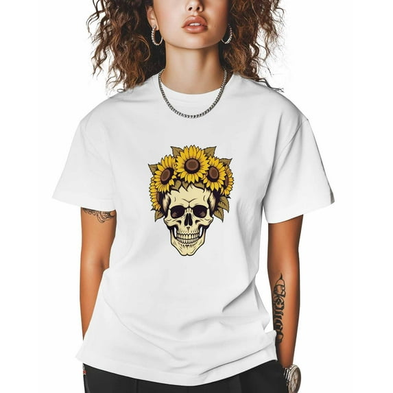 T Shirts for Women Short Sleeve Cotton Crewneck T-Shirt, Skull Sunflower Cartoon Horror Tee Tops Casual Basic T-Shirts, XS-5XL White 4XL